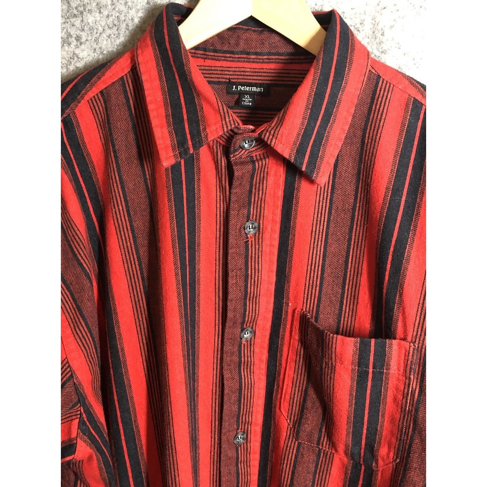 Vintage J. Peterman Shirt Mens Extra Large Red Black Stripe Flannel Outdoors